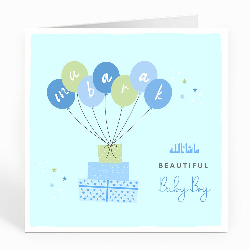 Mubarak... A Beautiful Baby Boy - Balloons and Presents - Card