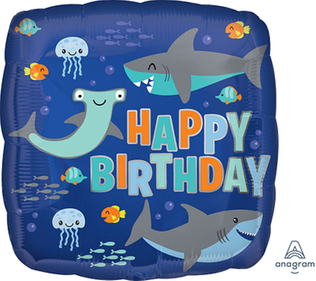 Happy Birthday Sharks 18" Round Foil Helium Inflated Balloon