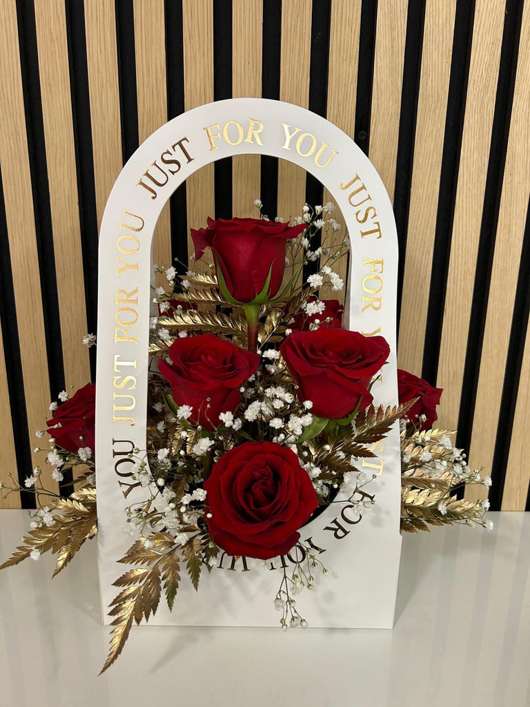 Just for You White Carry Bag with Red & Gold Florals