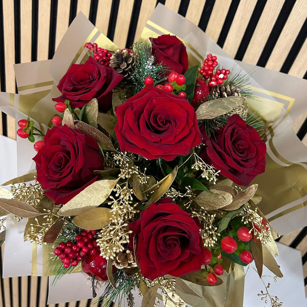 Red Roses and Gold Christmas Bouquet