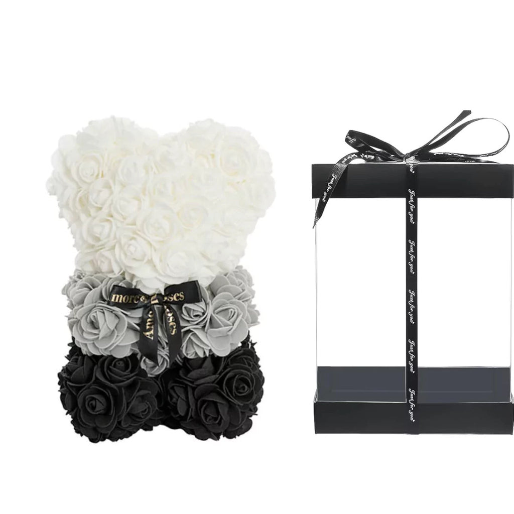 White and Black Rose Foam Teddy Bear with Box